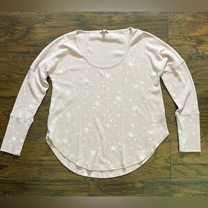 Lucky Brand Dusty Rose/Pink Stars Print Waffle Knit Henley Top